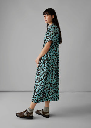 Bryn Tie Neck Etched Clover Dress | Flax Blue