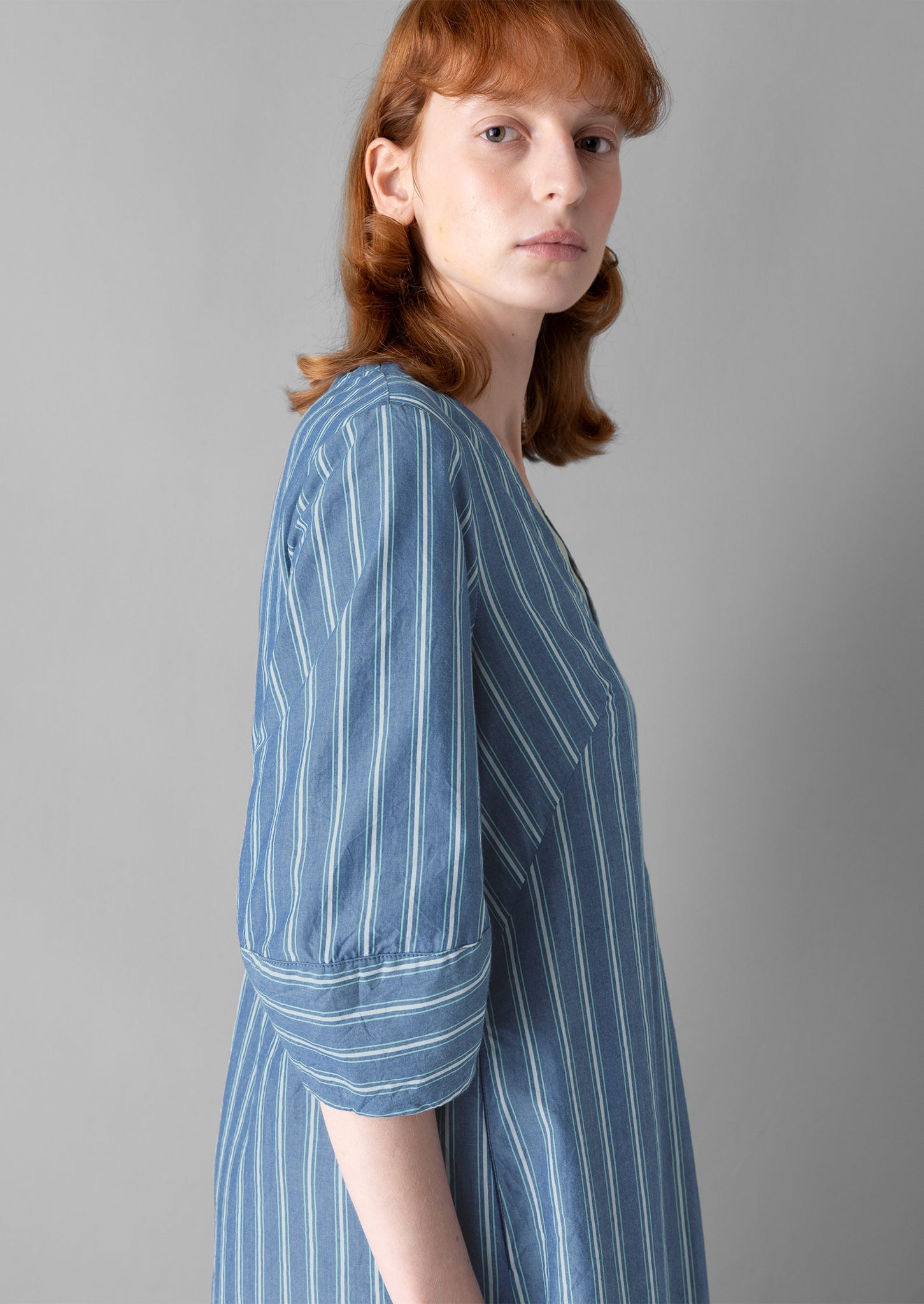 V-Neck Stripe Organic Cotton Poplin Dress | Duffle Blue