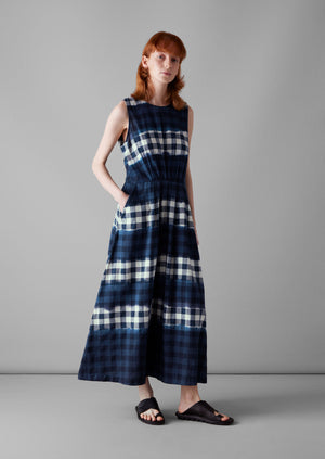Dip Dye Stripe Gingham Cotton Dress | Navy/Ecru