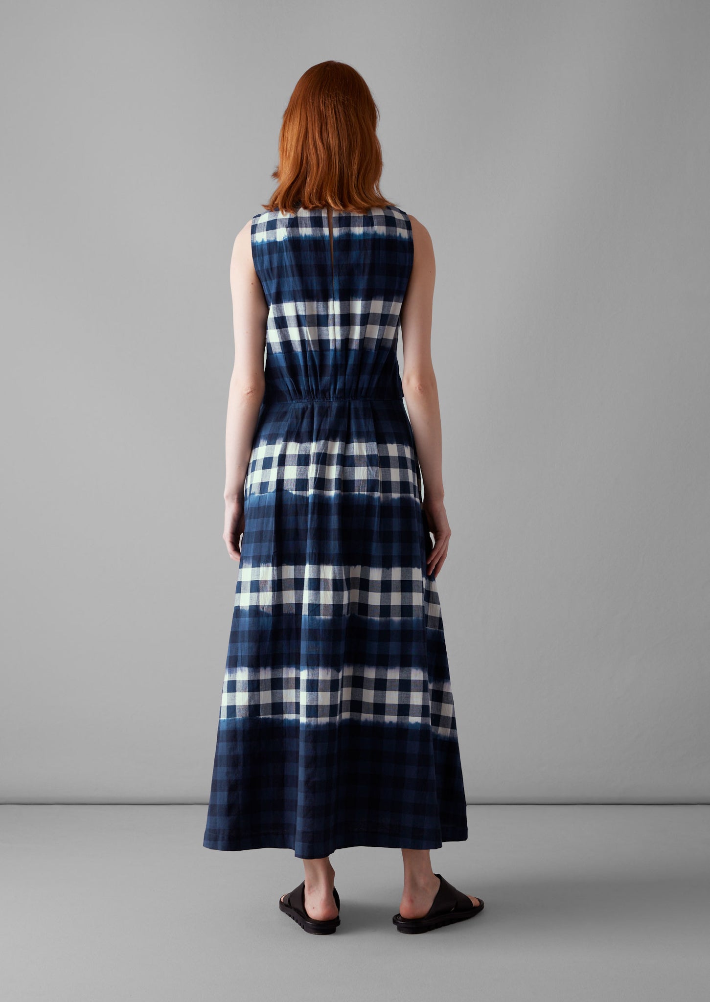 Dip Dye Stripe Gingham Cotton Dress | Navy/Ecru