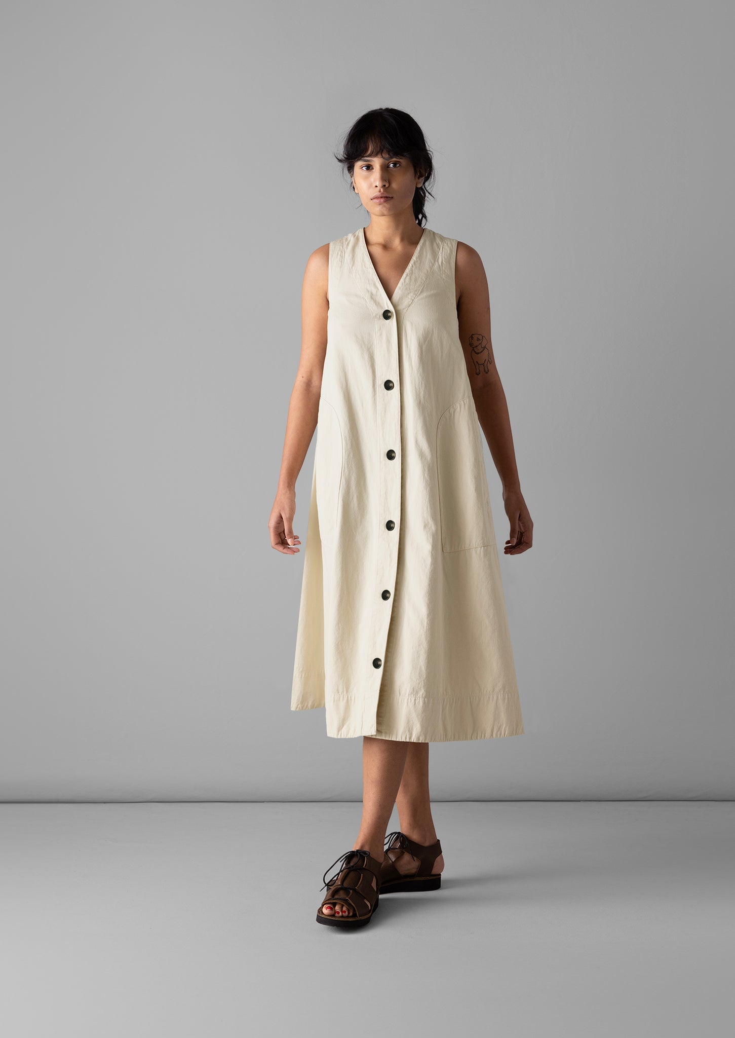 Buttoned Cotton Linen Canvas Dress | Wood Ash