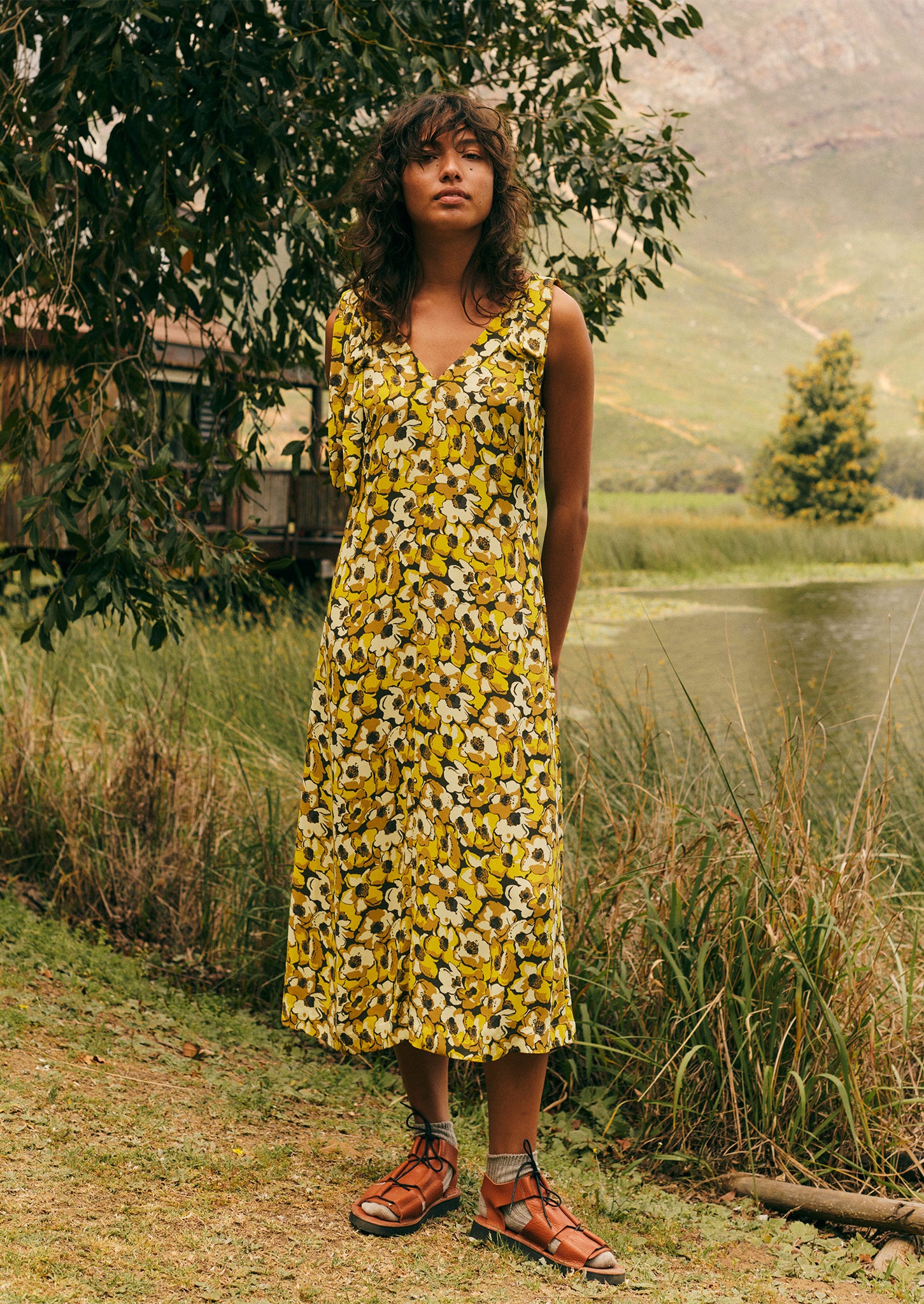 Tie Shoulder Floral Print Dress | Primrose Yellow