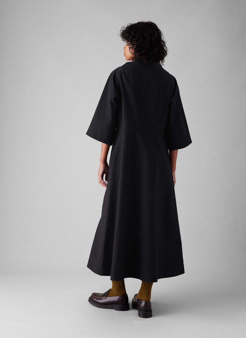 Cotton Linen Twill Smock Dress | Black