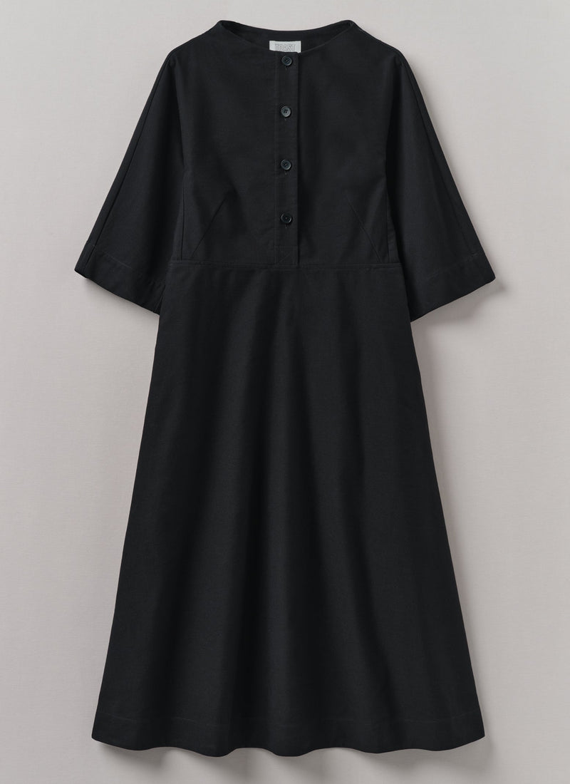 Cotton Linen Twill Smock Dress | Black