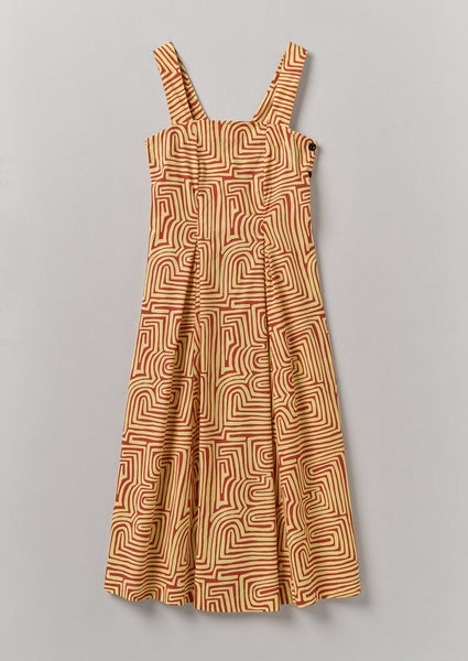Maze Print Cotton Poplin Dress Brick Lemon Rind