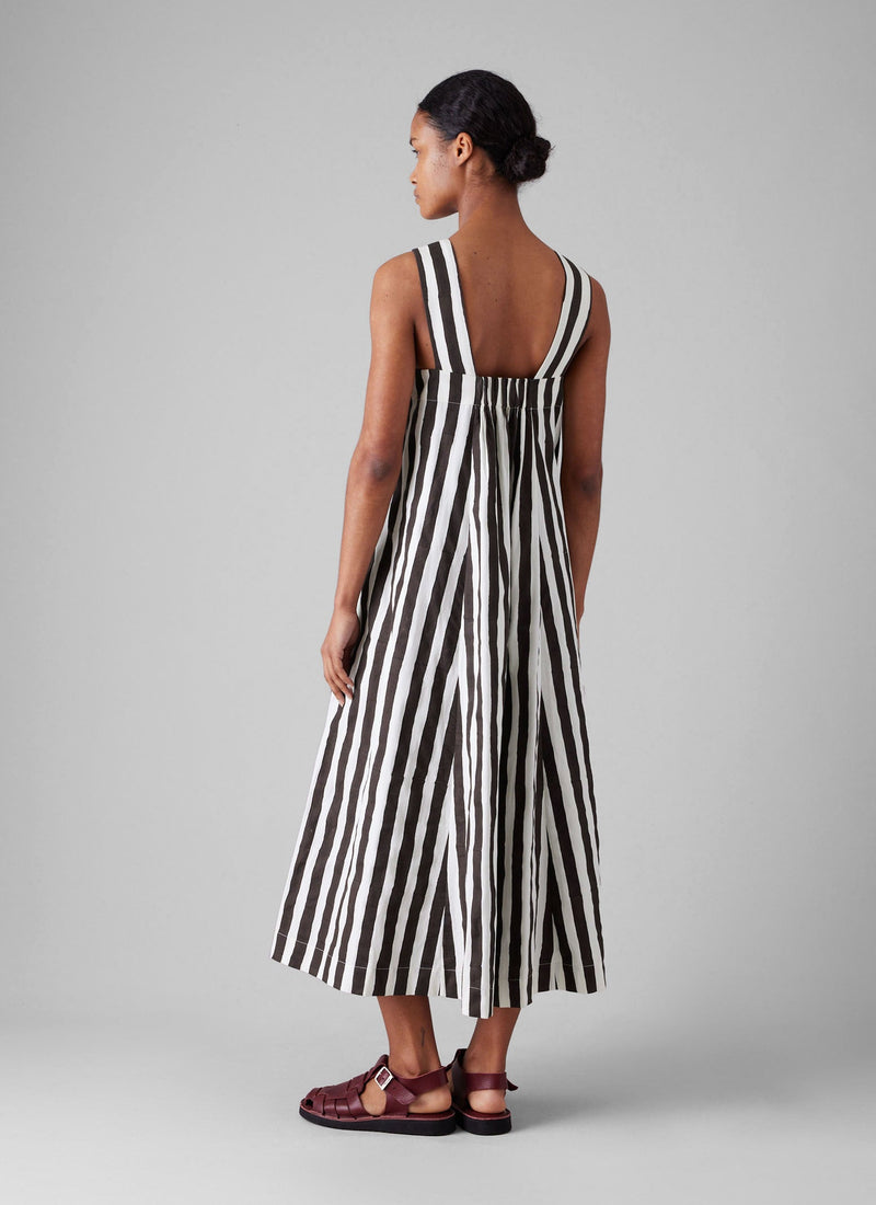 Wave Stripe Block Print Cotton Dress | Ecru/Chocolate