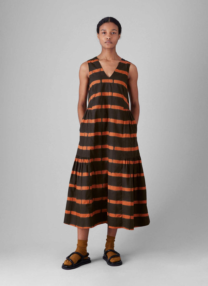 Stripe Clamp Dyed Cotton Dress | Brown