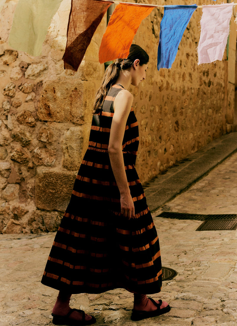 Stripe Clamp Dyed Cotton Dress | Brown