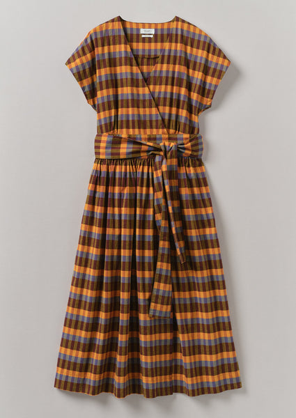 Check Cotton Linen Wrap Dress Spice