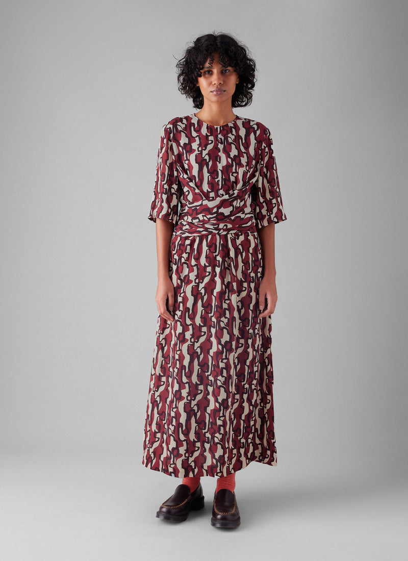 Ribbon Print Tie Dress | Ecru/Garnet