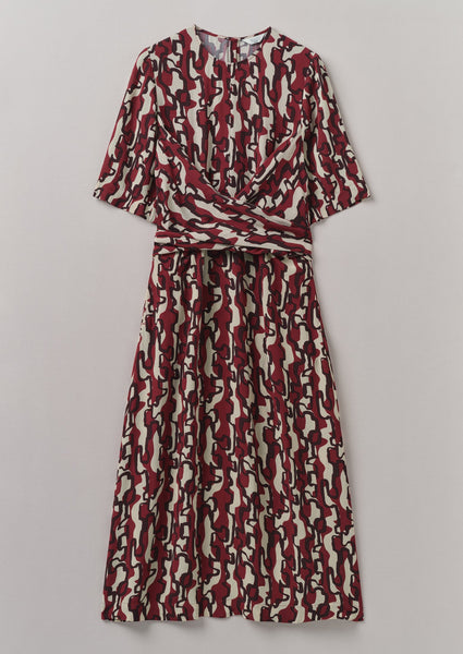 Ribbon Print Tie Dress Ecru Garnet