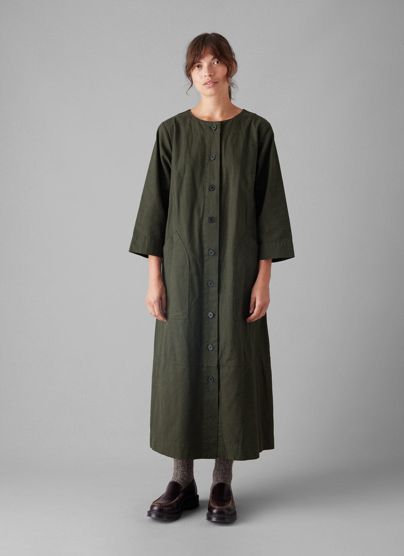 Buttoned Cotton Dress | Duffle Green
