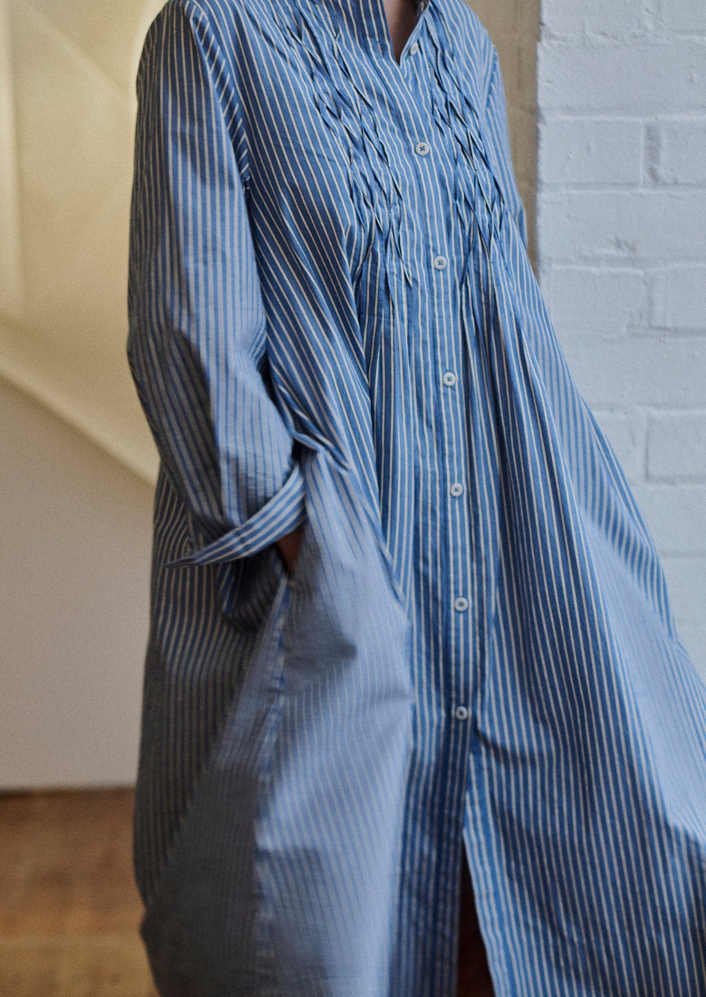 Dash Stripe Pintuck Cotton Dress | Chambray Blue | TOAST