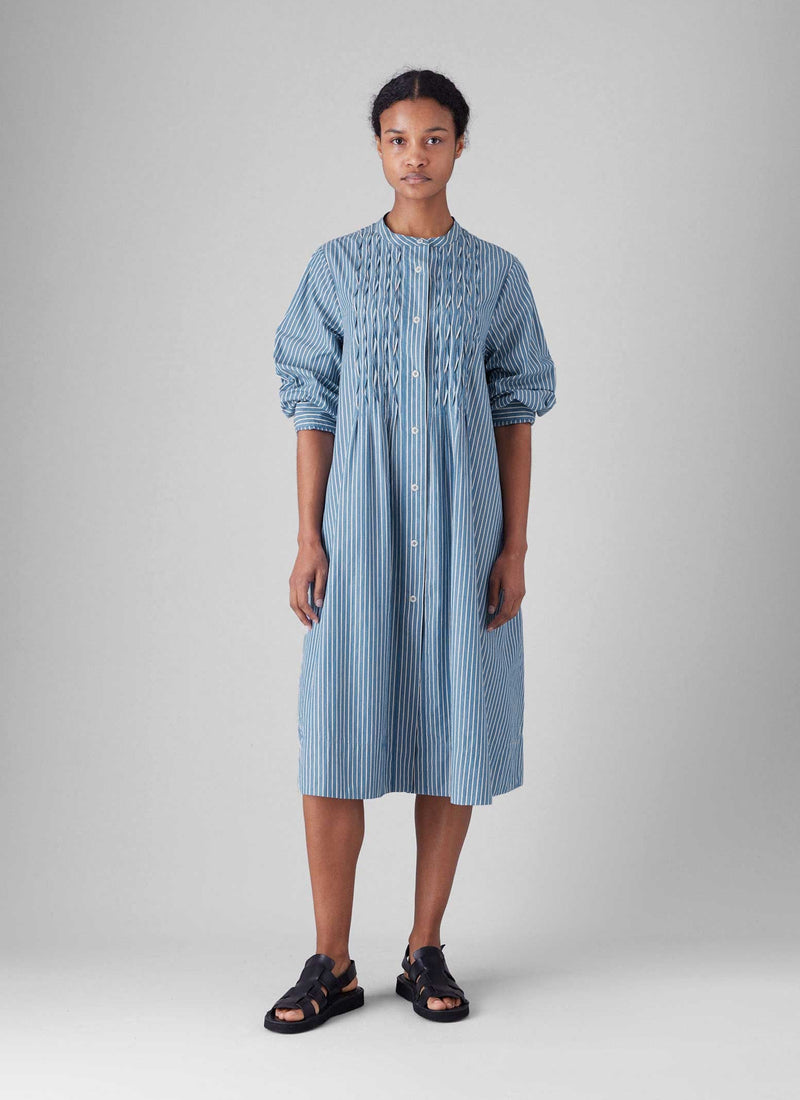 Dash Stripe Pintuck Cotton Dress | Chambray Blue