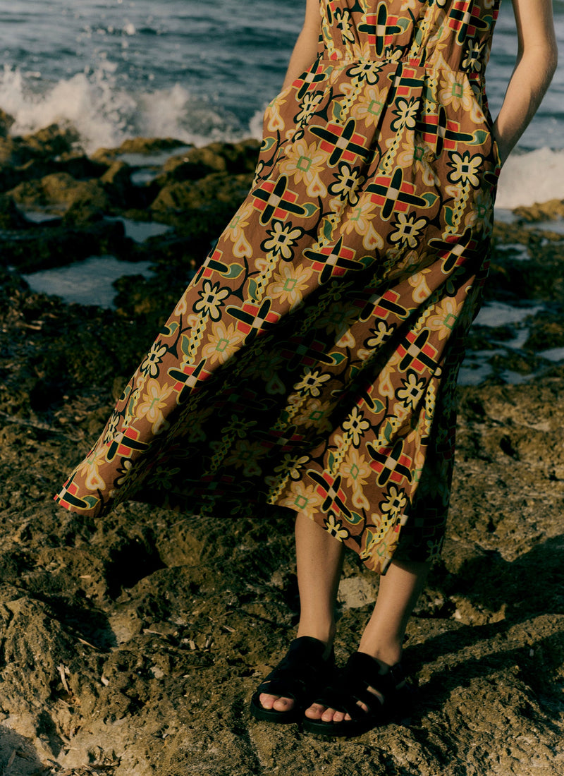Folk Collage Print Cotton Poplin Dress | Multi