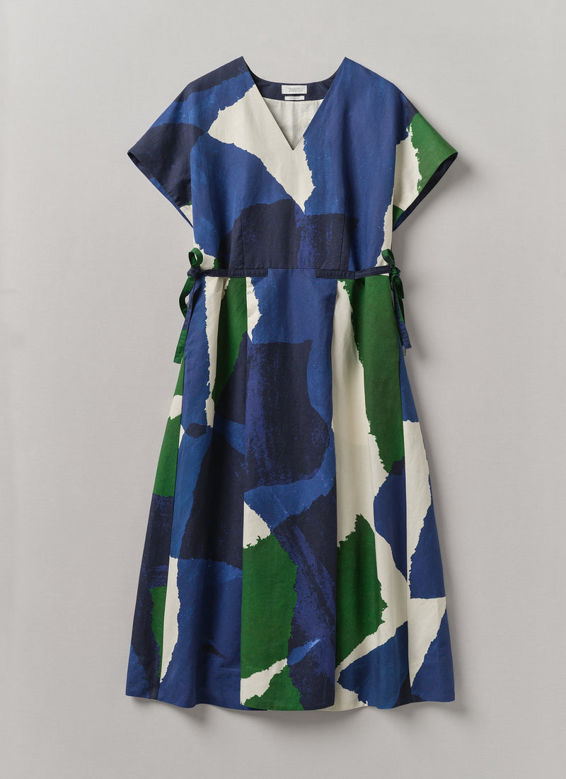Washi Print Linen Cotton Dress | Ecru/Blue/Green