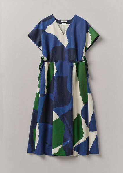 Washi Print Linen Cotton Dress Ecru Blue Green