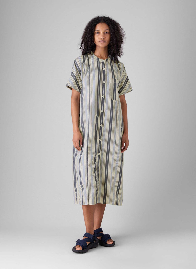 Drawstring Waist Stripe Cotton Shirt Dress | Ecru/Mixed Blues