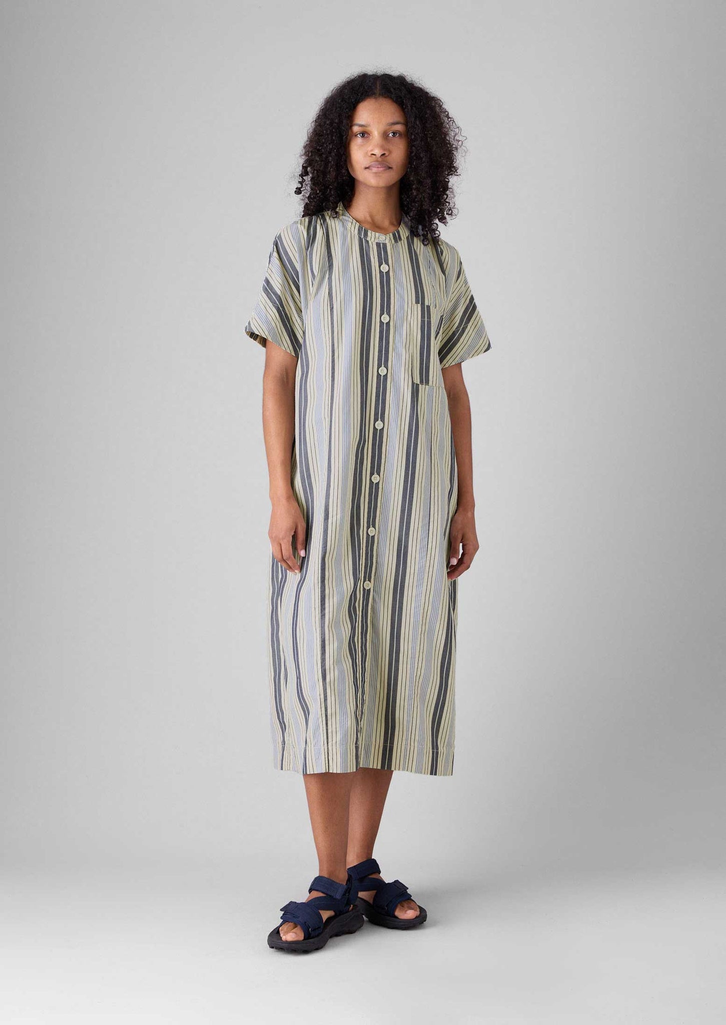 Drawstring Waist Stripe Cotton Shirt Dress | Ecru/Mixed Blues
