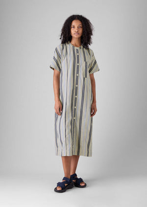 Drawstring Waist Stripe Cotton Shirt Dress | Ecru/Mixed Blues