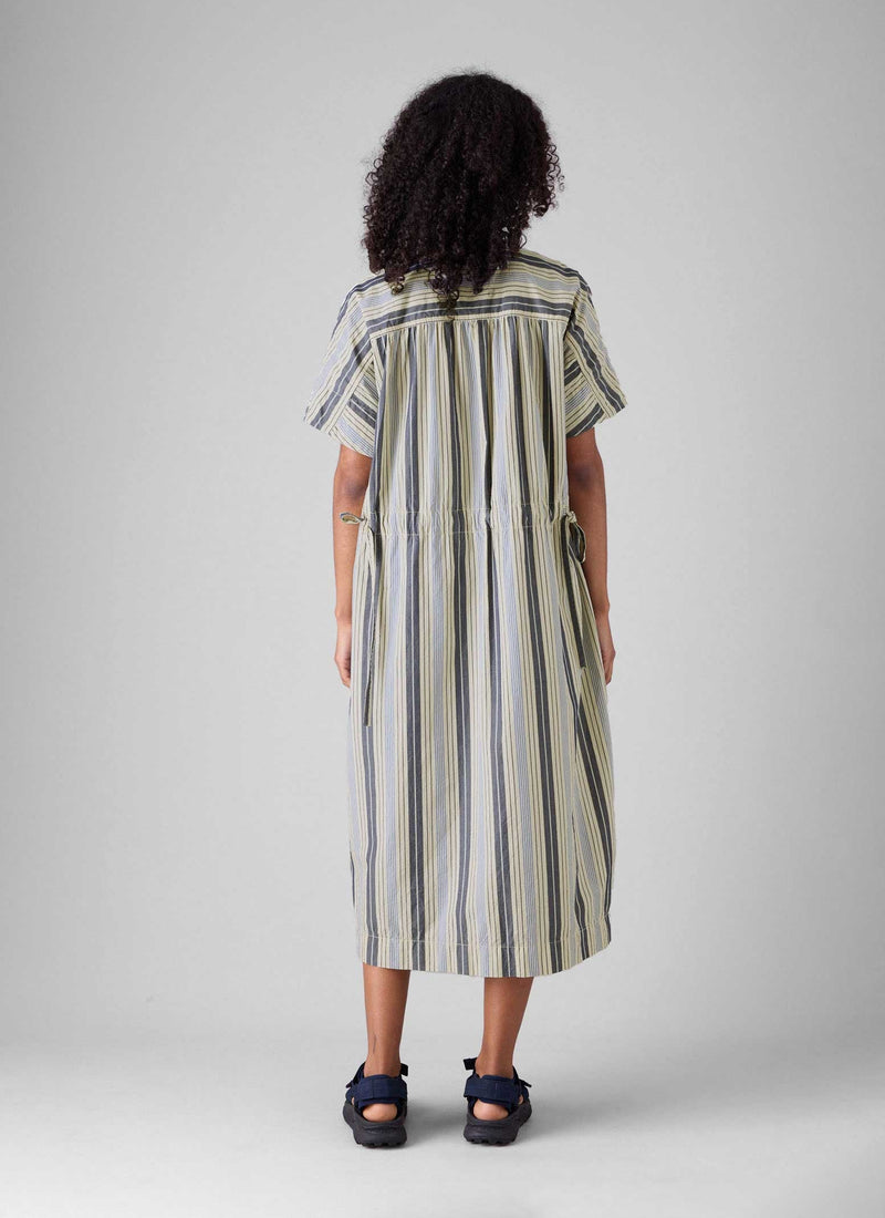 Drawstring Waist Stripe Cotton Shirt Dress | Ecru/Mixed Blues