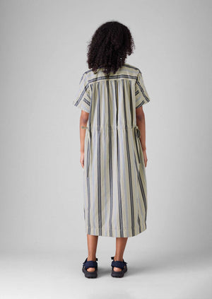 Drawstring Waist Stripe Cotton Shirt Dress | Ecru/Mixed Blues