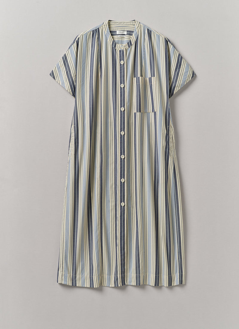 Drawstring Waist Stripe Cotton Shirt Dress | Ecru/Mixed Blues