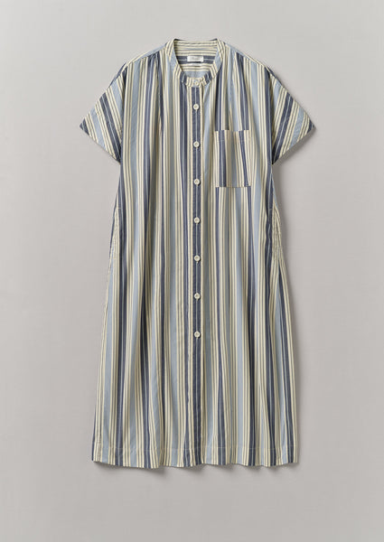 Drawstring Waist Stripe Cotton Shirt Dress Ecru Mixed Blues