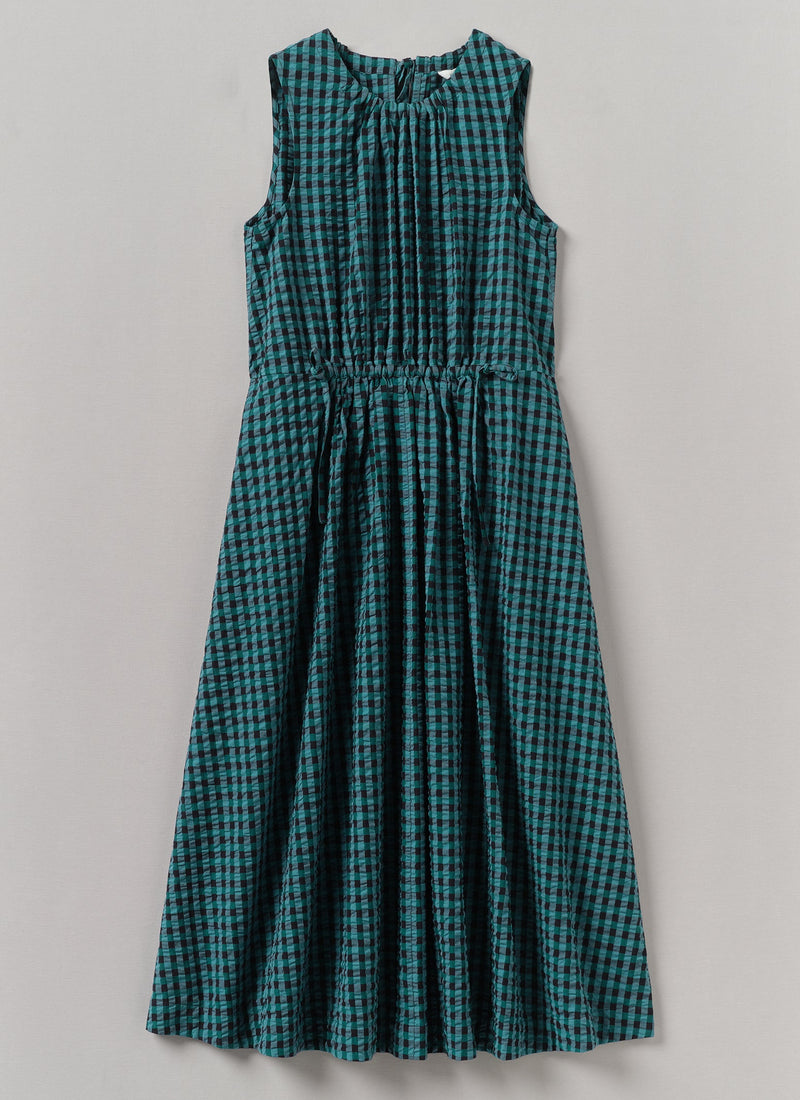 Seersucker Gingham Cotton Dress | Teal Multi