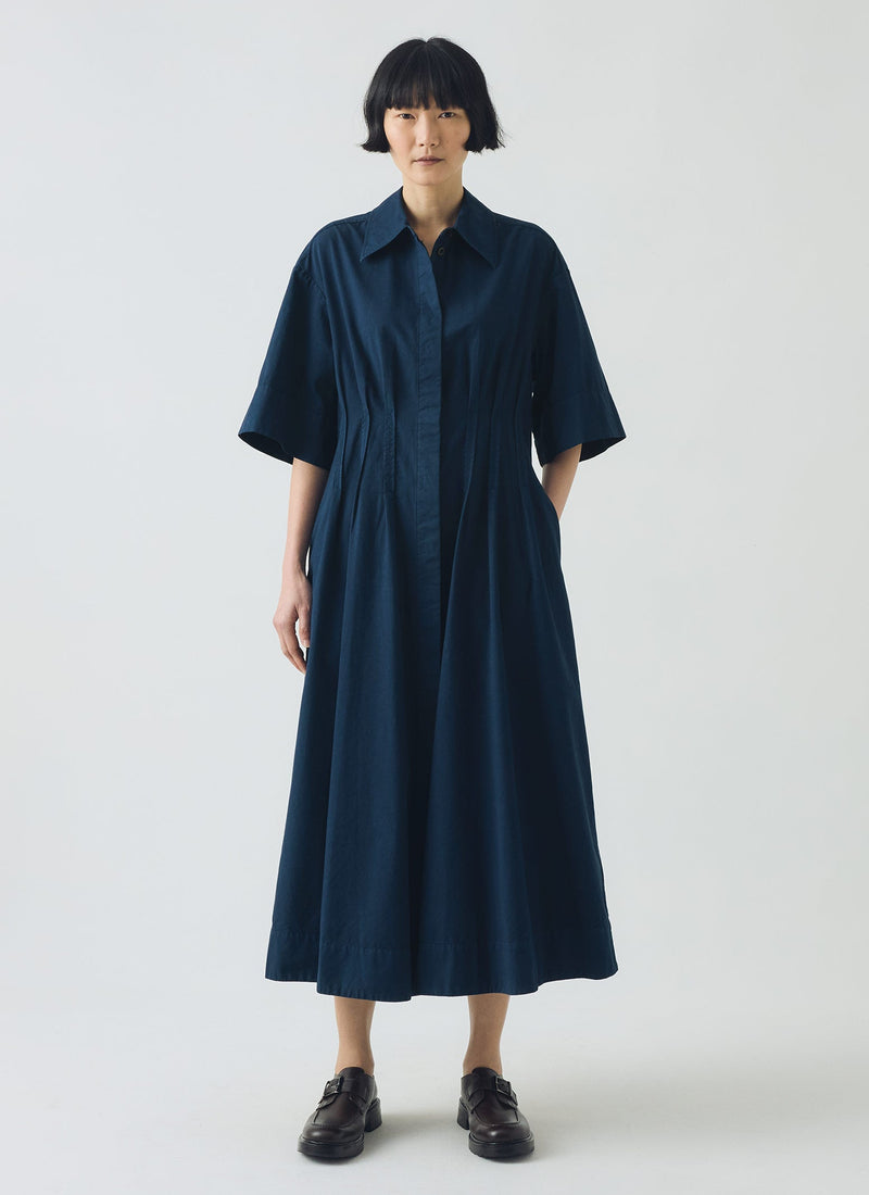 Pleated Cotton Linen Dress | Mid Blue