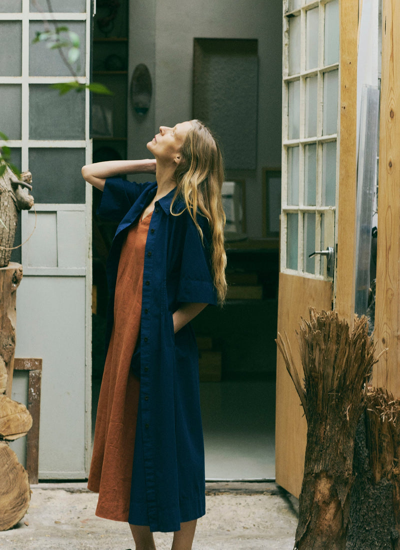 Pleated Cotton Linen Dress | Mid Blue
