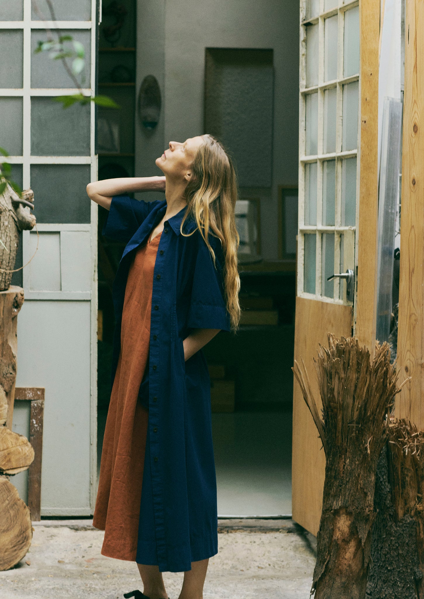 Pleated Cotton Linen Dress | Mid Blue