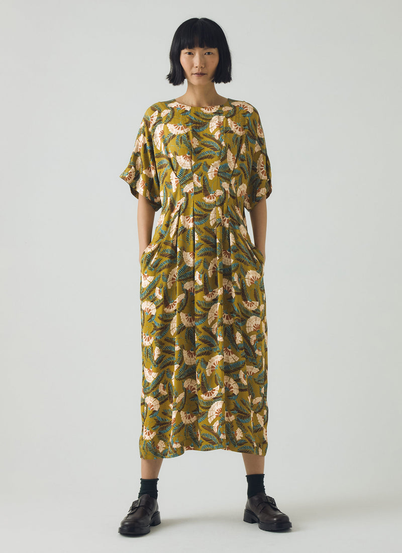 Dianthus Print Pleated Waist Dress | Golden Lime