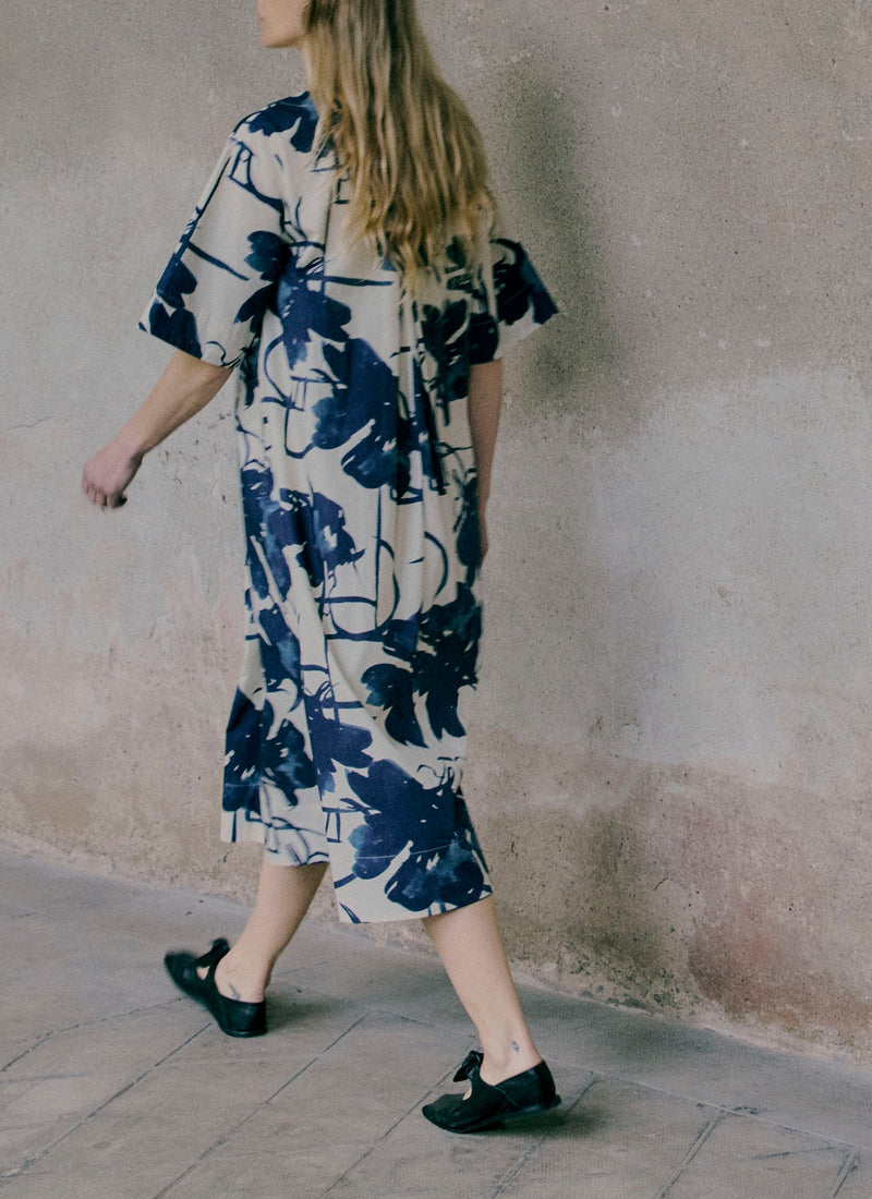 Pen And Ink Print Cotton Poplin Dress | Ink Blue