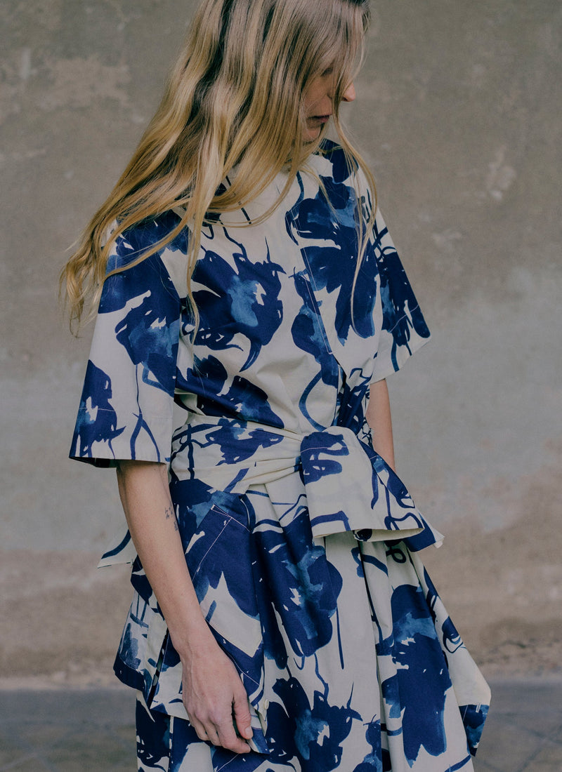 Pen And Ink Print Cotton Poplin Dress | Ink Blue