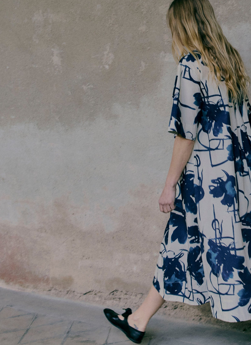 Pen And Ink Print Cotton Poplin Dress | Ink Blue