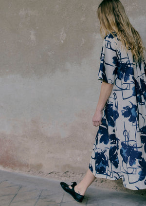 Pen And Ink Print Cotton Dress | Ink Blue