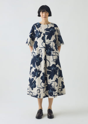 Pen And Ink Print Cotton Dress | Ink Blue