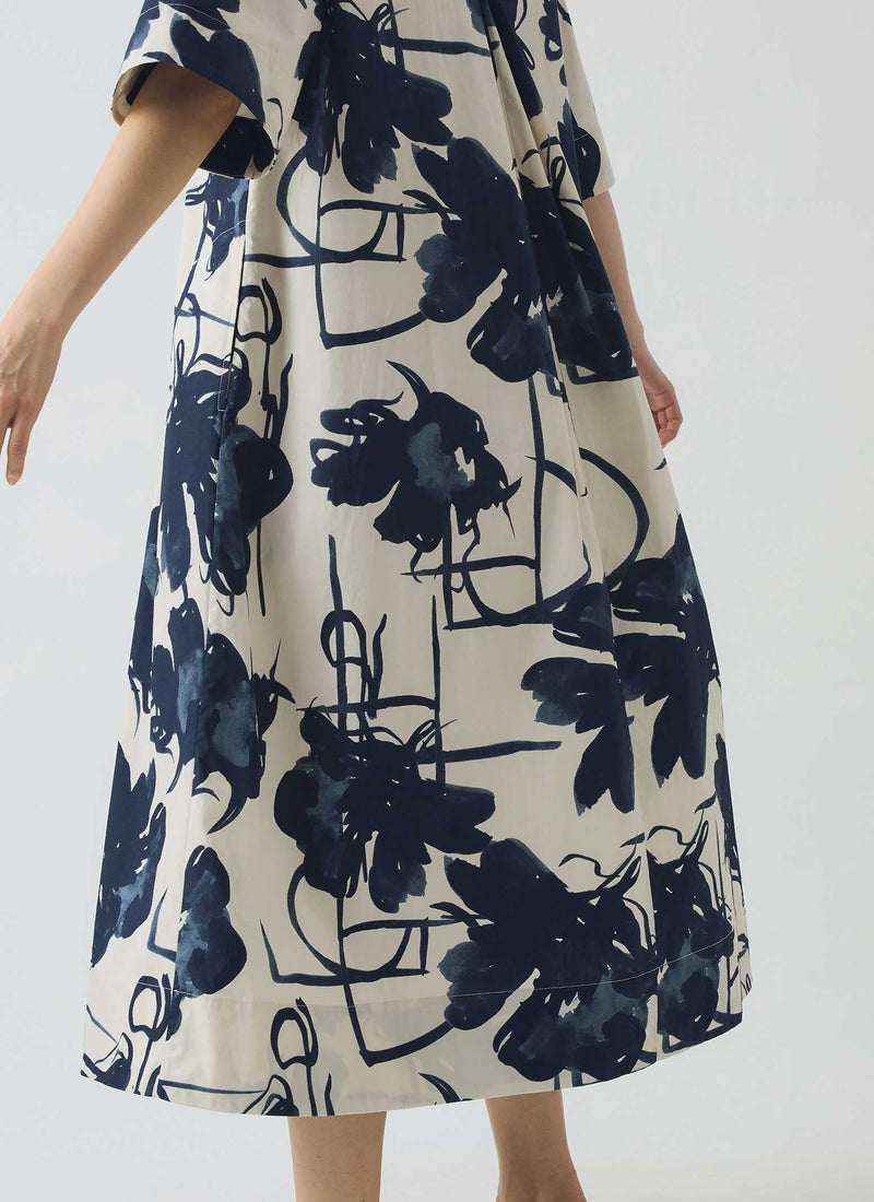 Pen And Ink Print Cotton Poplin Dress | Ink Blue