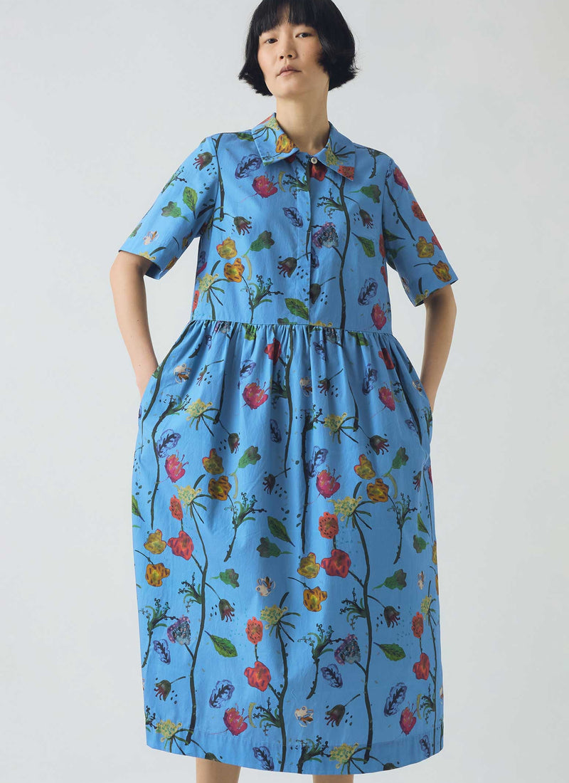 Archivist Floral Print Cotton Shirt Dress | Warm Blue