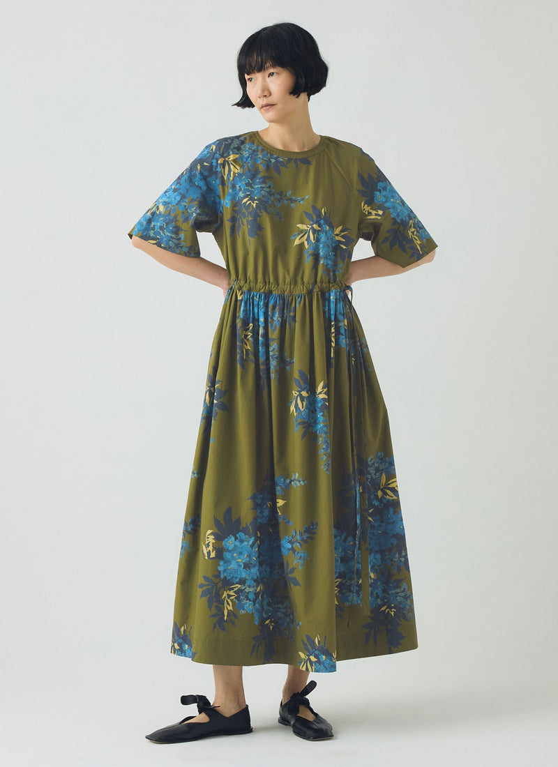 Botanical Shadow Print Cotton Dress | Olive
