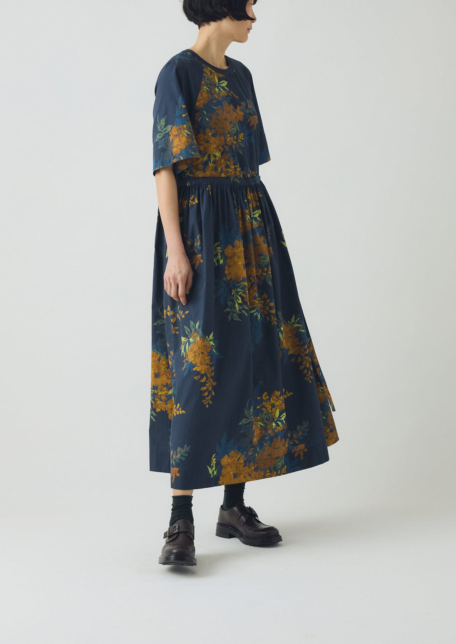 Botanical Shadow Print Cotton Dress | Shadow Blue