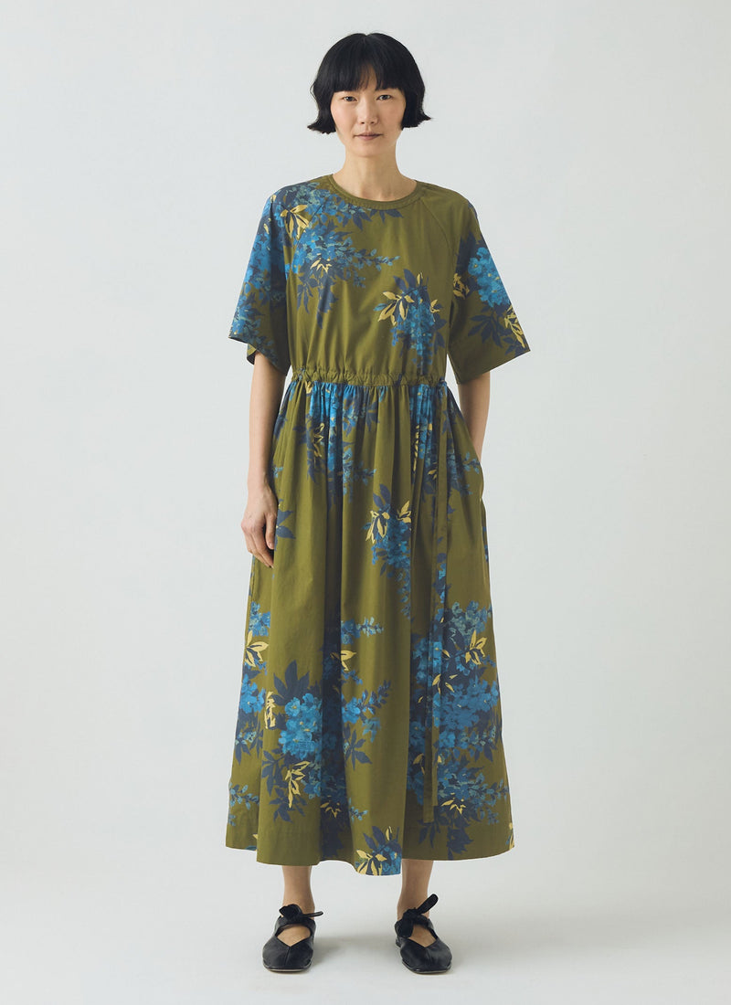 Botanical Shadow Print Cotton Dress | Olive