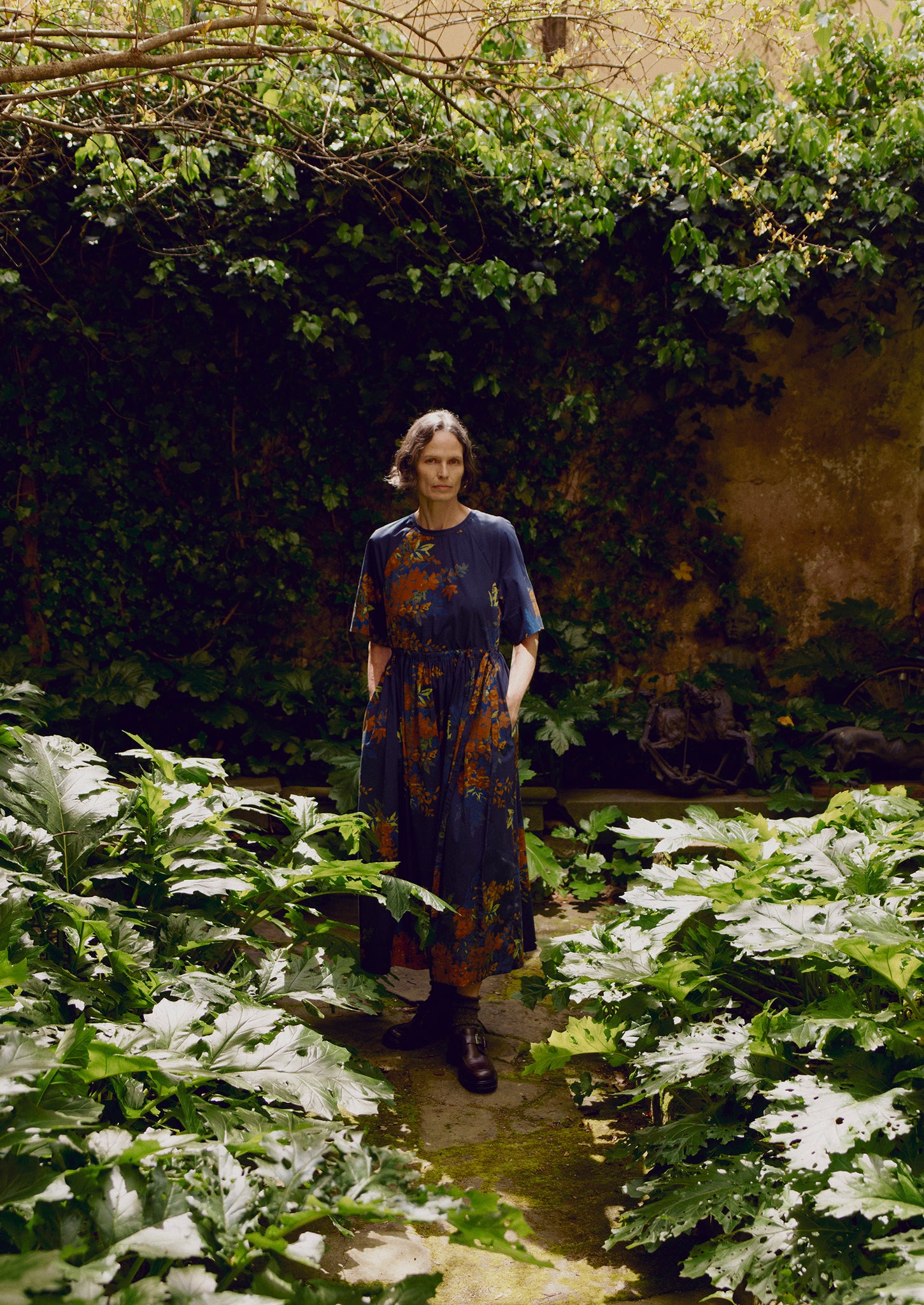 Botanical Shadow Print Cotton Dress | Shadow Blue