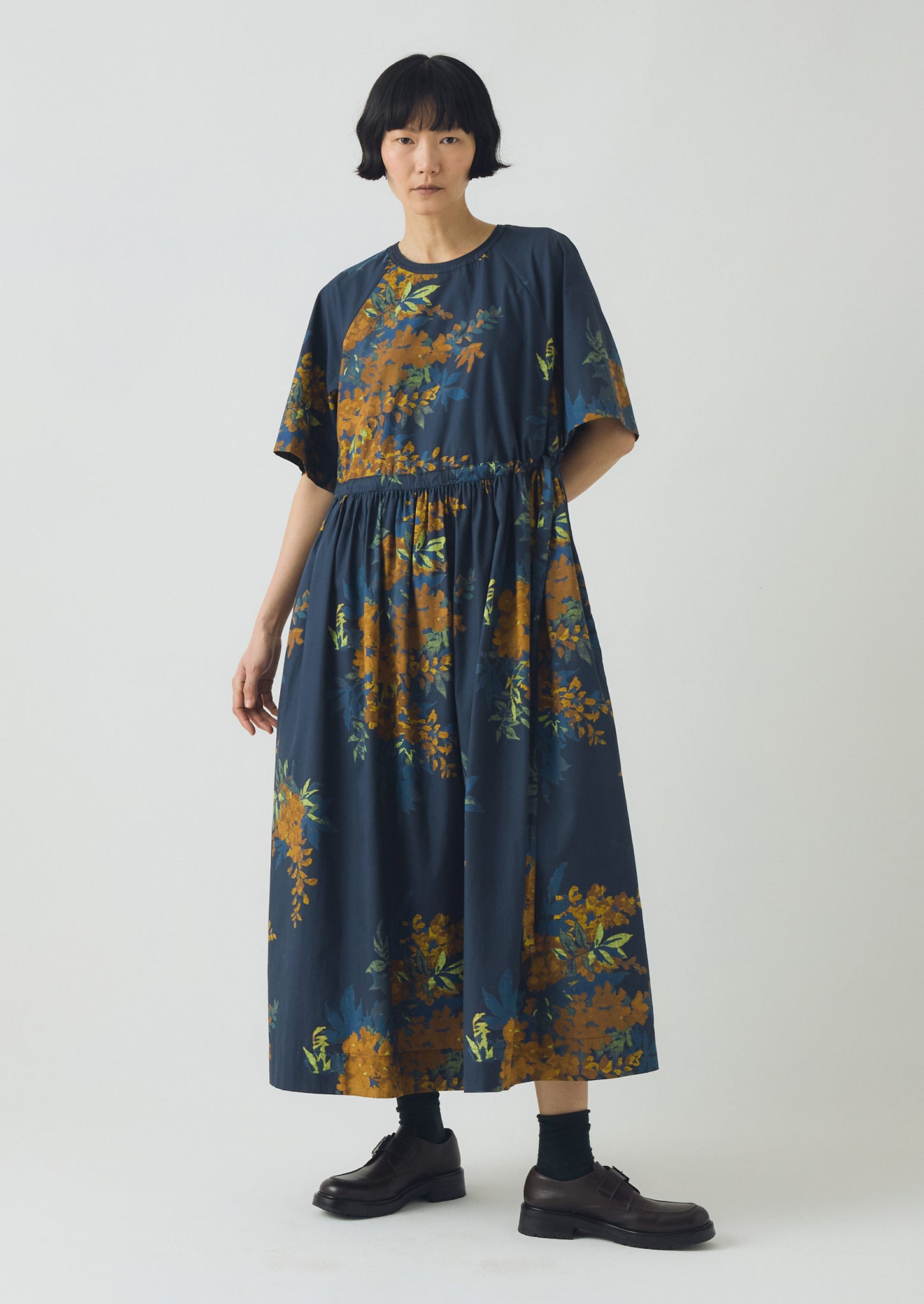 Botanical Shadow Print Cotton Dress | Shadow Blue