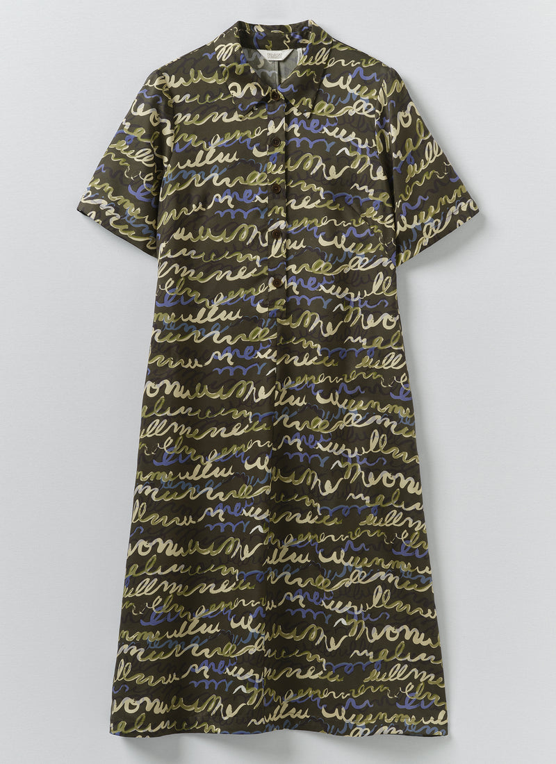 Script Print Fluid Shirt Dress | Avocado Rind