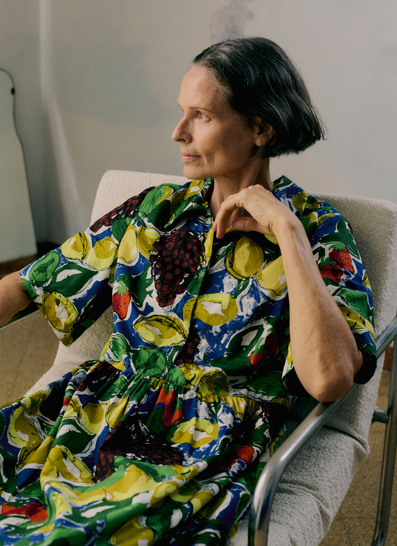 Selma Sketched Fruit Print Shirt Dress | Verdigris/Multi