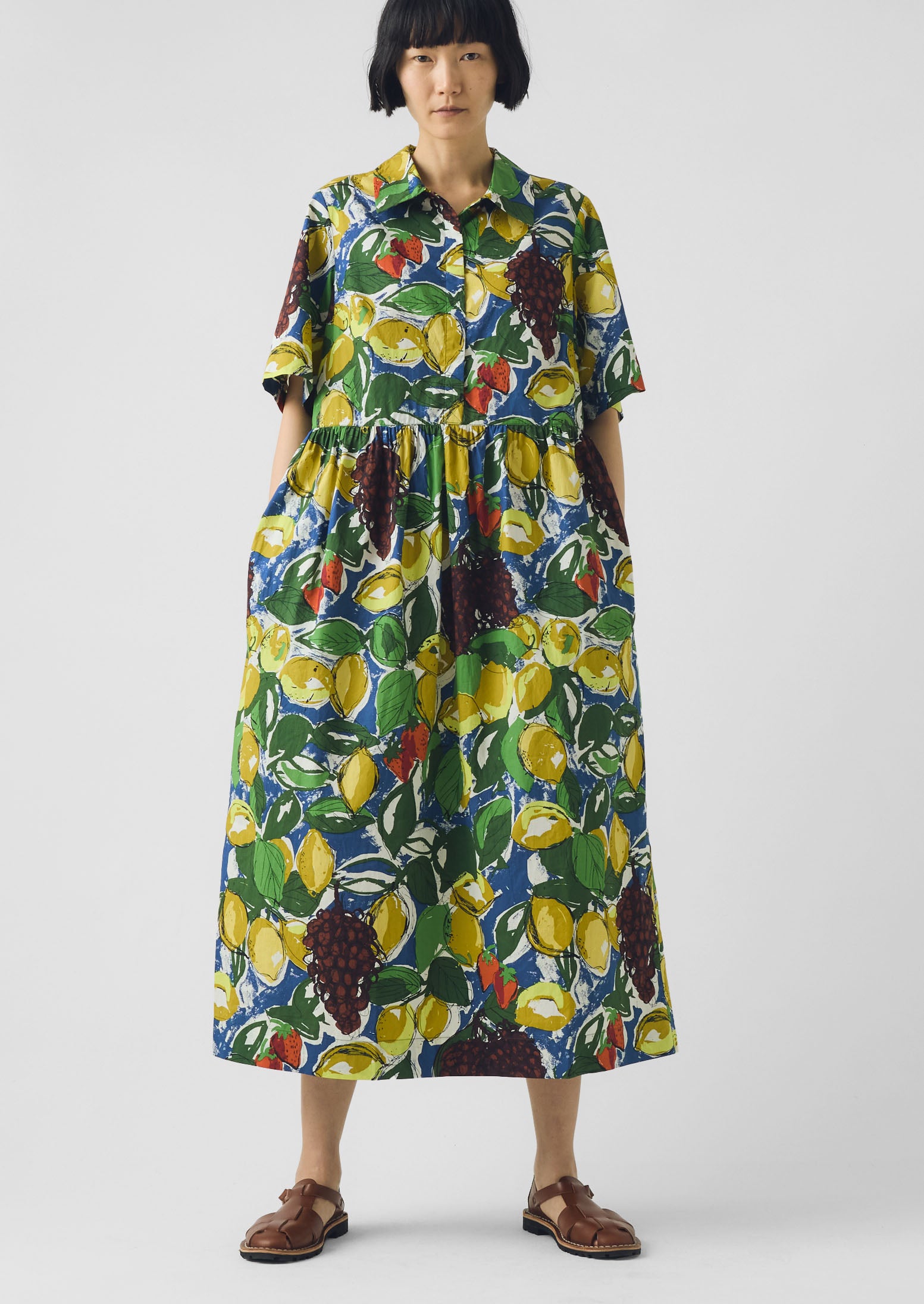 Selma Sketched Fruit Print Shirt Dress | Verdigris/Multi | TOAST
