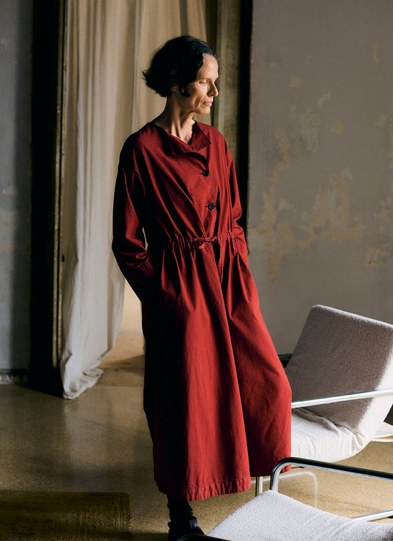 Button Through Cotton Linen Poplin Dress | Brick