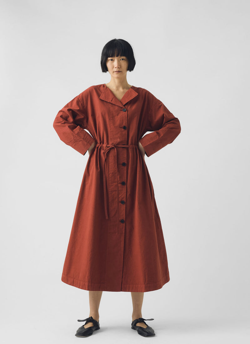 Button Through Cotton Linen Poplin Dress | Brick